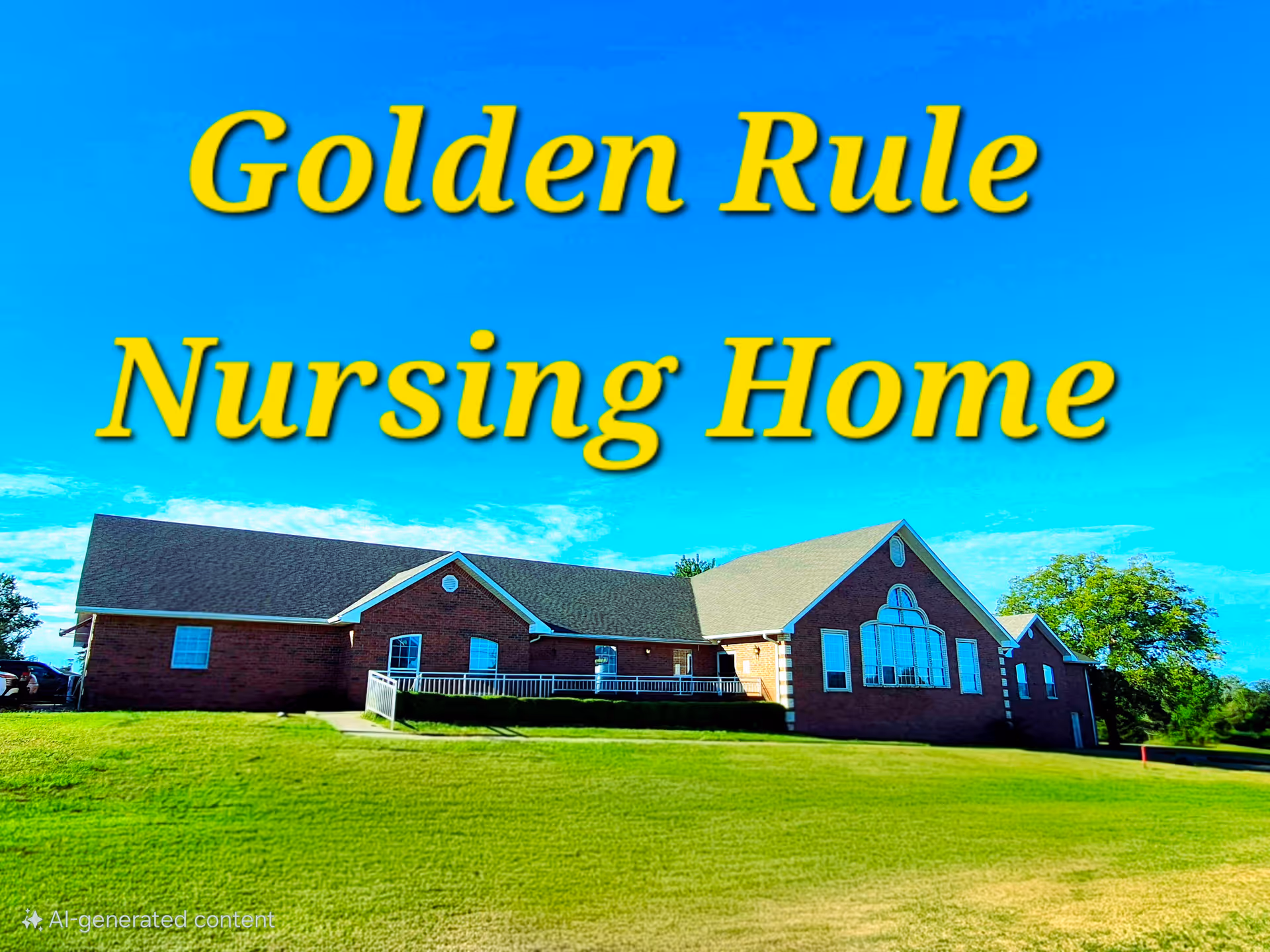 Brick nursing home building on a grassy lawn with 'Golden Rule Nursing Home' text over a bright blue sky.