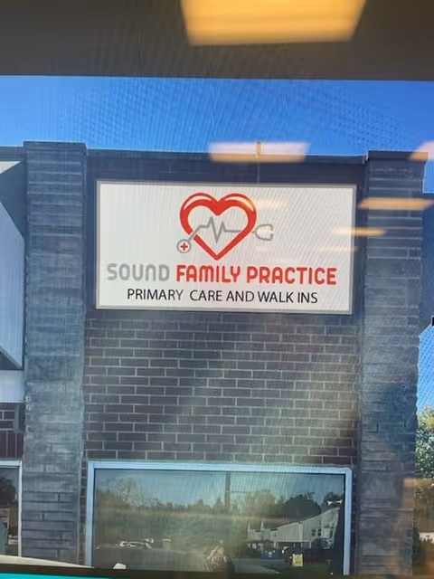 Exterior view of a building with a sign reading Sound Family Practice Primary Care and Walk-Ins
