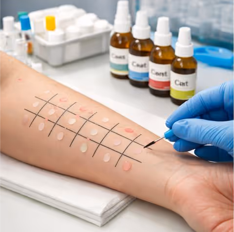 Gloved clinician applies grid-marked treatment to forearm with bottles visible in clinic.