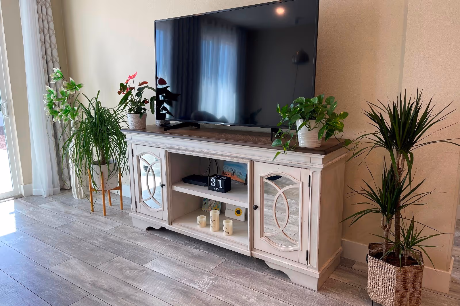 Flat-screen TV sits on a light wood cabinet with potted plants in a living room.
