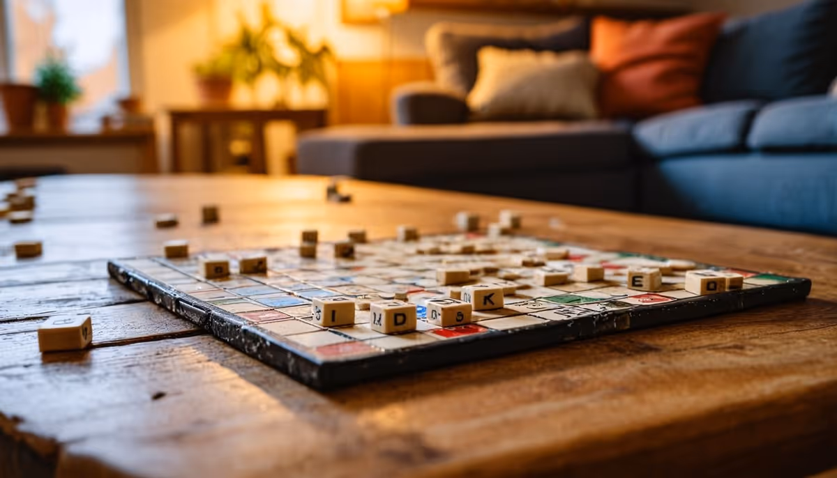 Scrabble board on a wooden coffee table in a cozy living room.