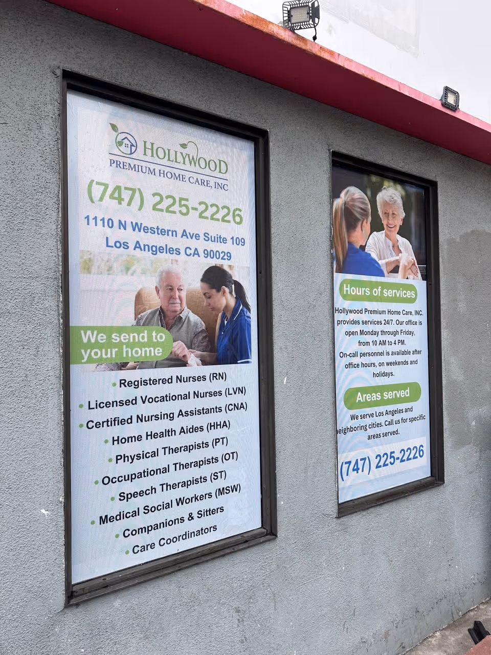 Exterior wall with two posters advertising Hollywood Premium Home Care services.