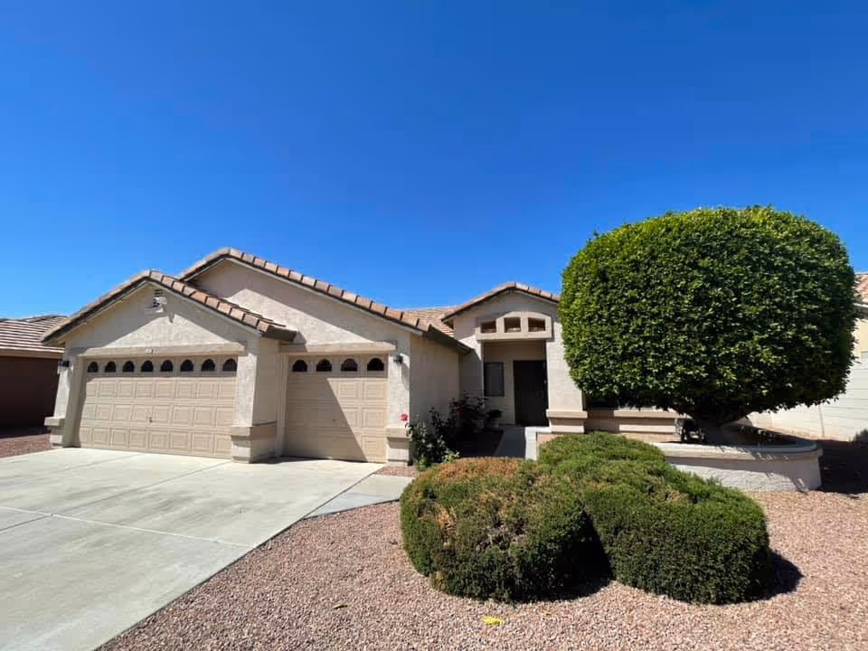 Single-story stucco house with a three-car garage, trimmed shrubs and a large rounded tree under a clear blue sky.