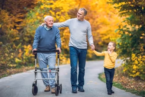 Three generations walk on a leafy autumn path: elderly man with walker, caregiver, child.