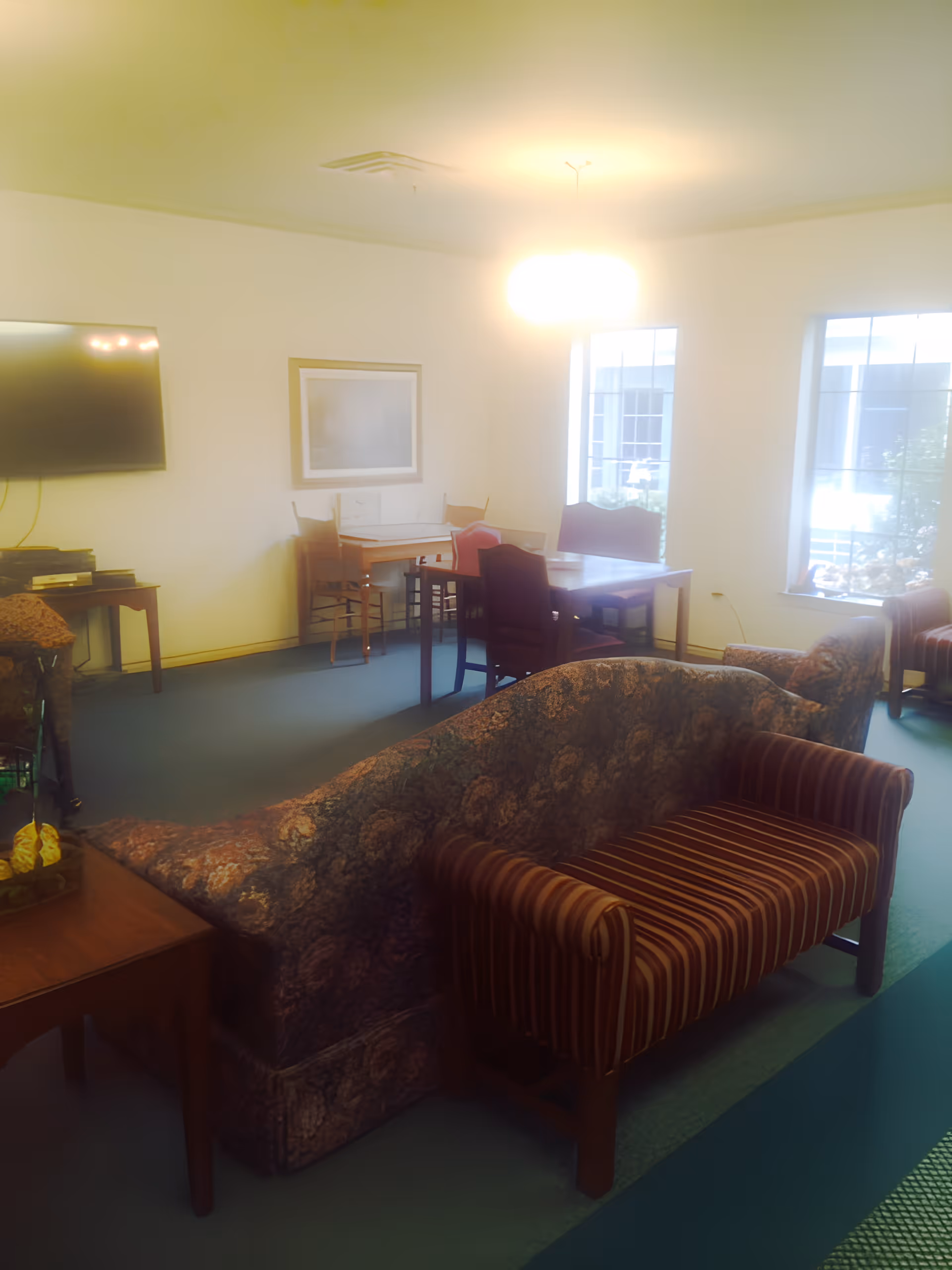 A cozy living room area with patterned sofas and a striped armchair. There is a wooden side table with a decorative item on it, a flat-screen TV mounted on the wall, and a dining table with chairs near two large windows letting in natural light.