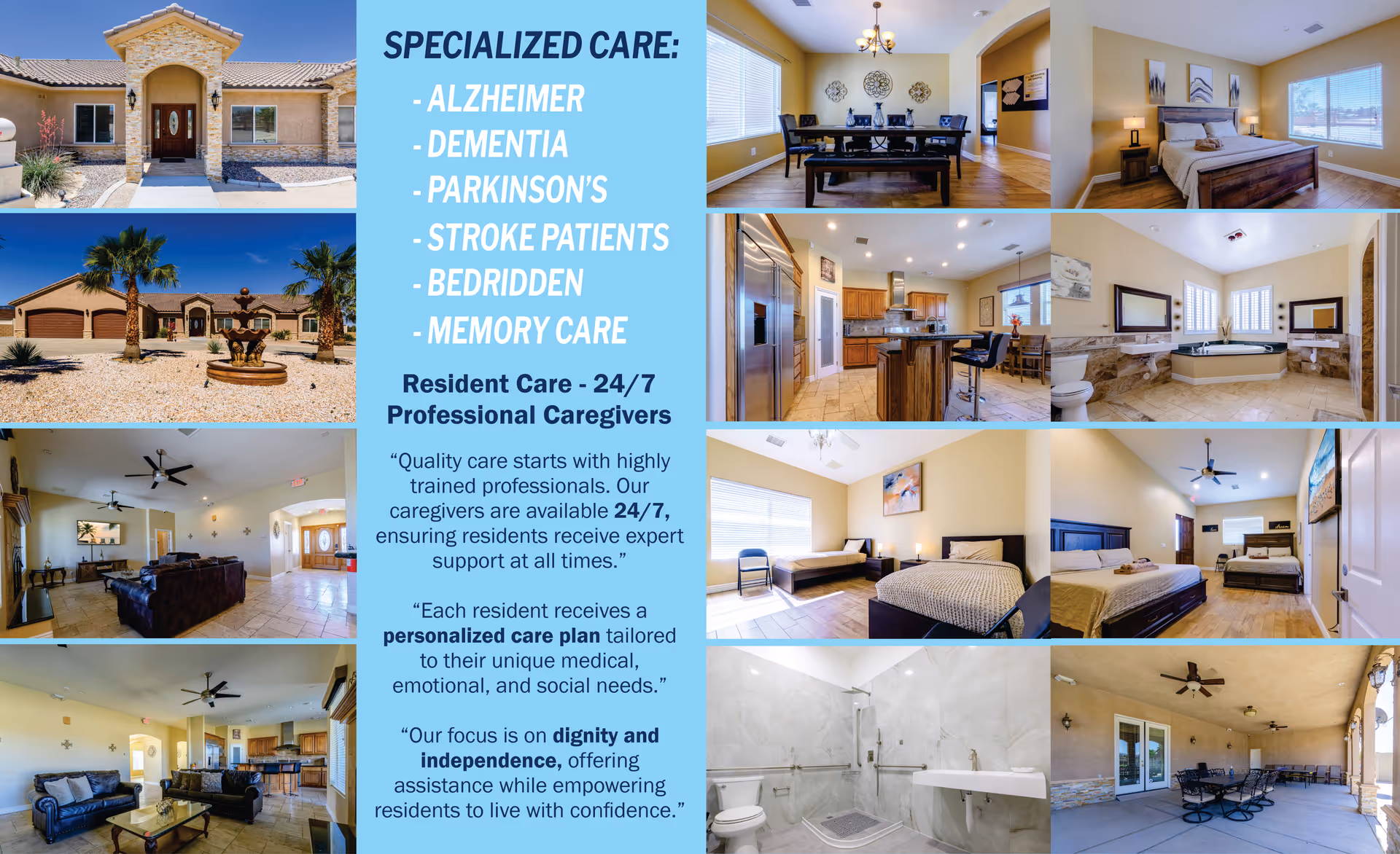 Collage of Palmdale Paradise Board & Care facility interiors and exterior views.