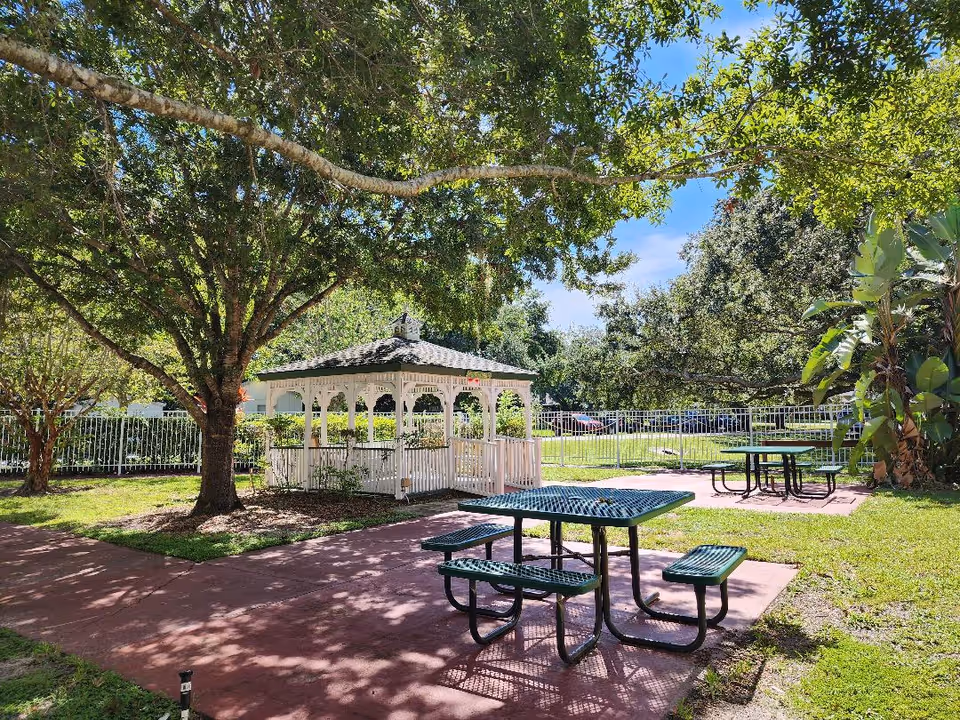 Sunlit outdoor courtyard with a white gazebo, green picnic tables, and large shade trees.