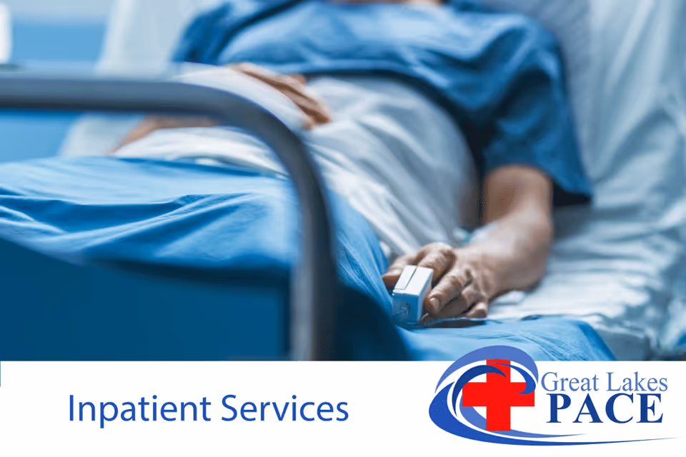 Patient lying in a hospital bed holding a call button, with Great Lakes PACE logo.