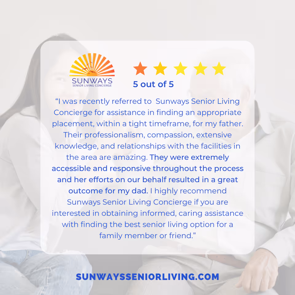 Two seniors sit together with a translucent testimonial overlay and Sunways logo.