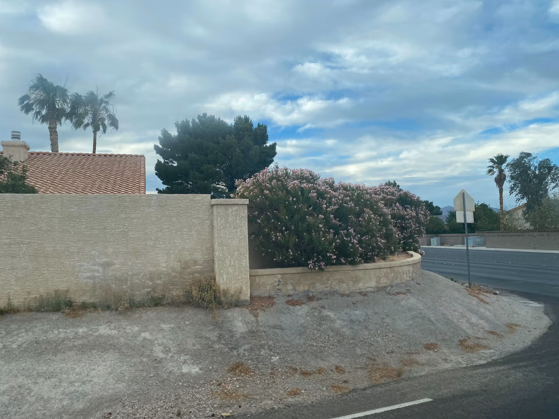 Exterior of a residential property with a curved planter and flowering bushes by a street.