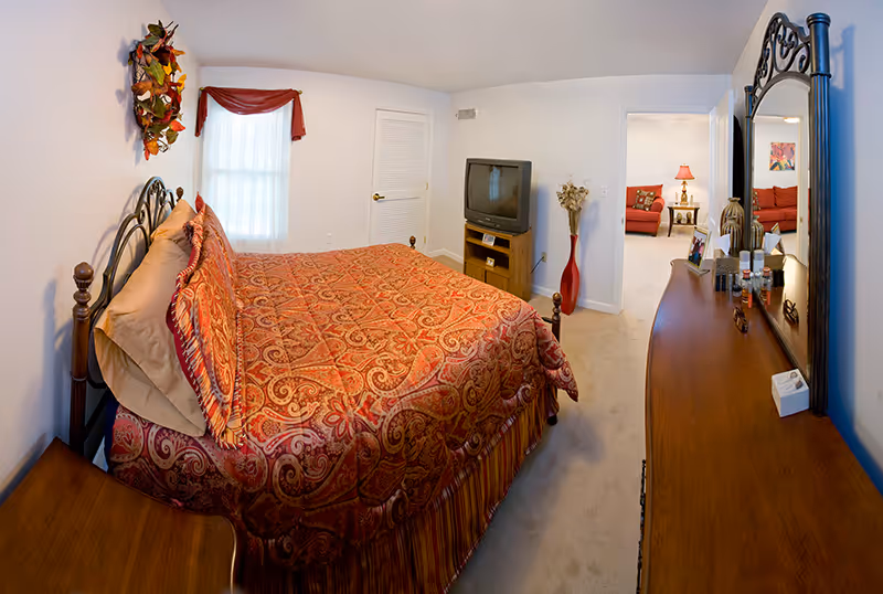 A cozy bedroom featuring a bed with a patterned comforter, a television, and decorative elements.