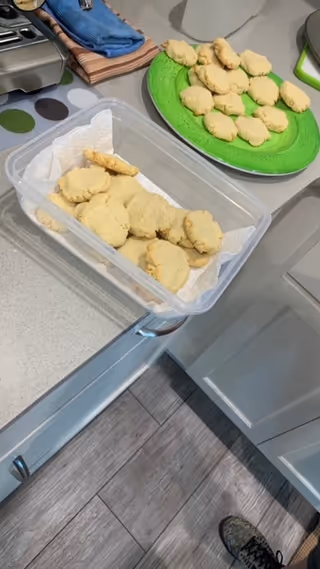 Plastic container of cookies sits on a kitchen counter with a green plate nearby.