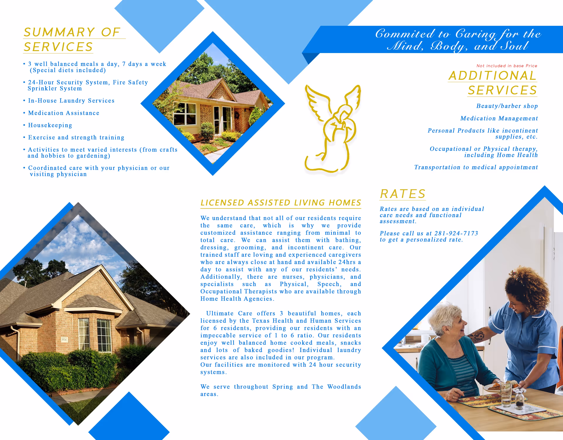 Promotional collage of facility exteriors and a caregiver with an elderly resident.