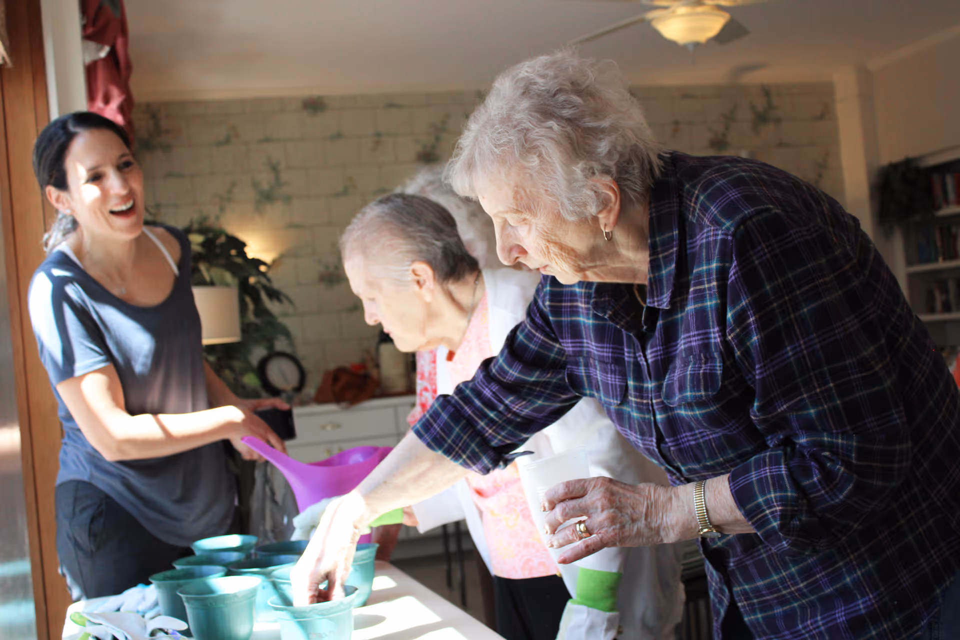 Two elderly women and a younger woman are engaged in an indoor activity involving green plant pots on a table. The elderly women are focused on the pots, while the younger woman smiles and holds a purple watering can. The room has a cozy atmosphere with a lamp, plants, and bookshelves in the background.