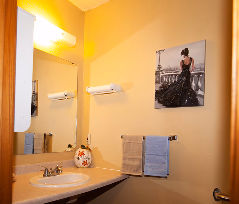 Small bathroom with sink, mirror, towel bars, and a painting of a woman in a gown.