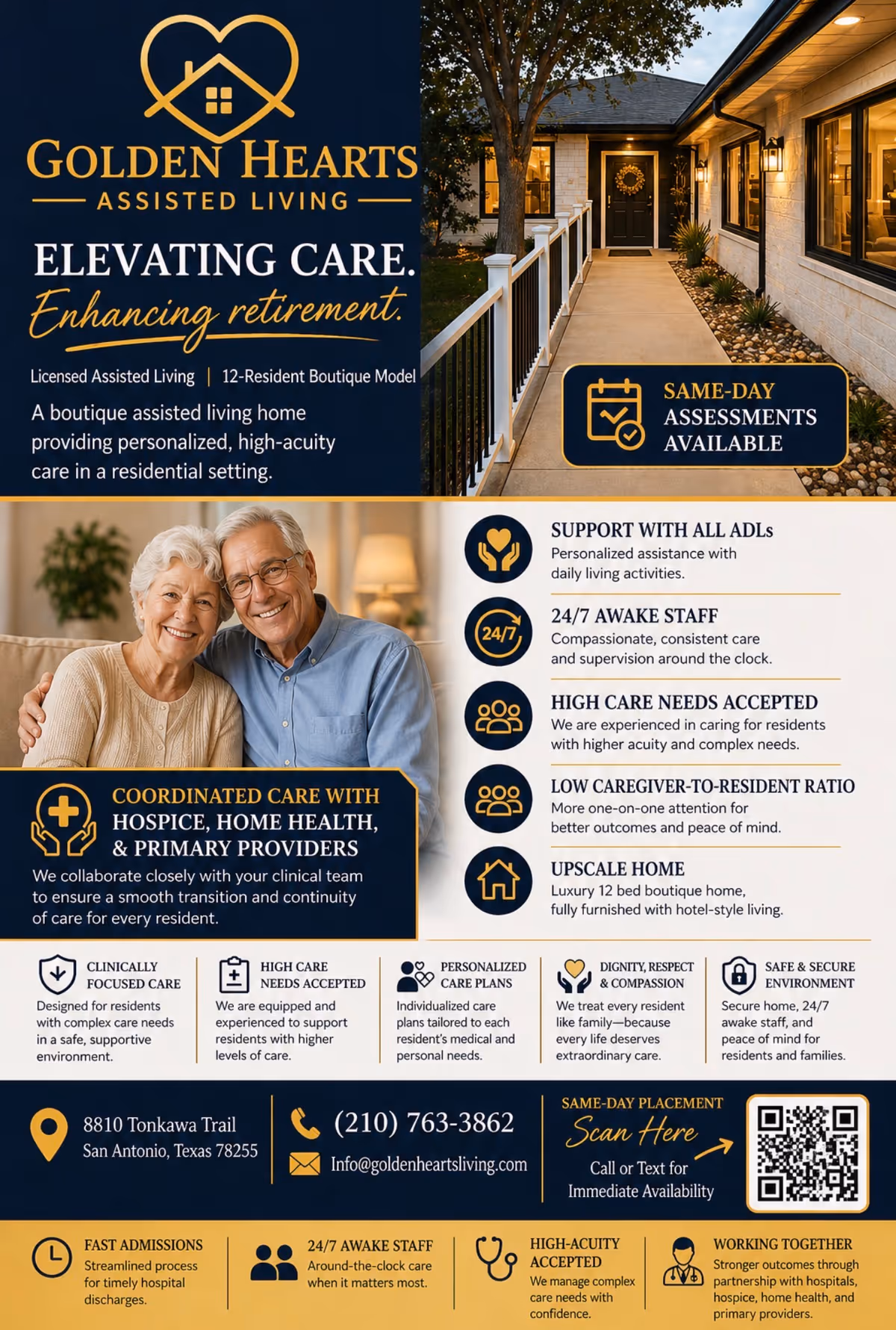 This is an advertisement for Golden Hearts Assisted Living showing an exterior walkway to the entrance.