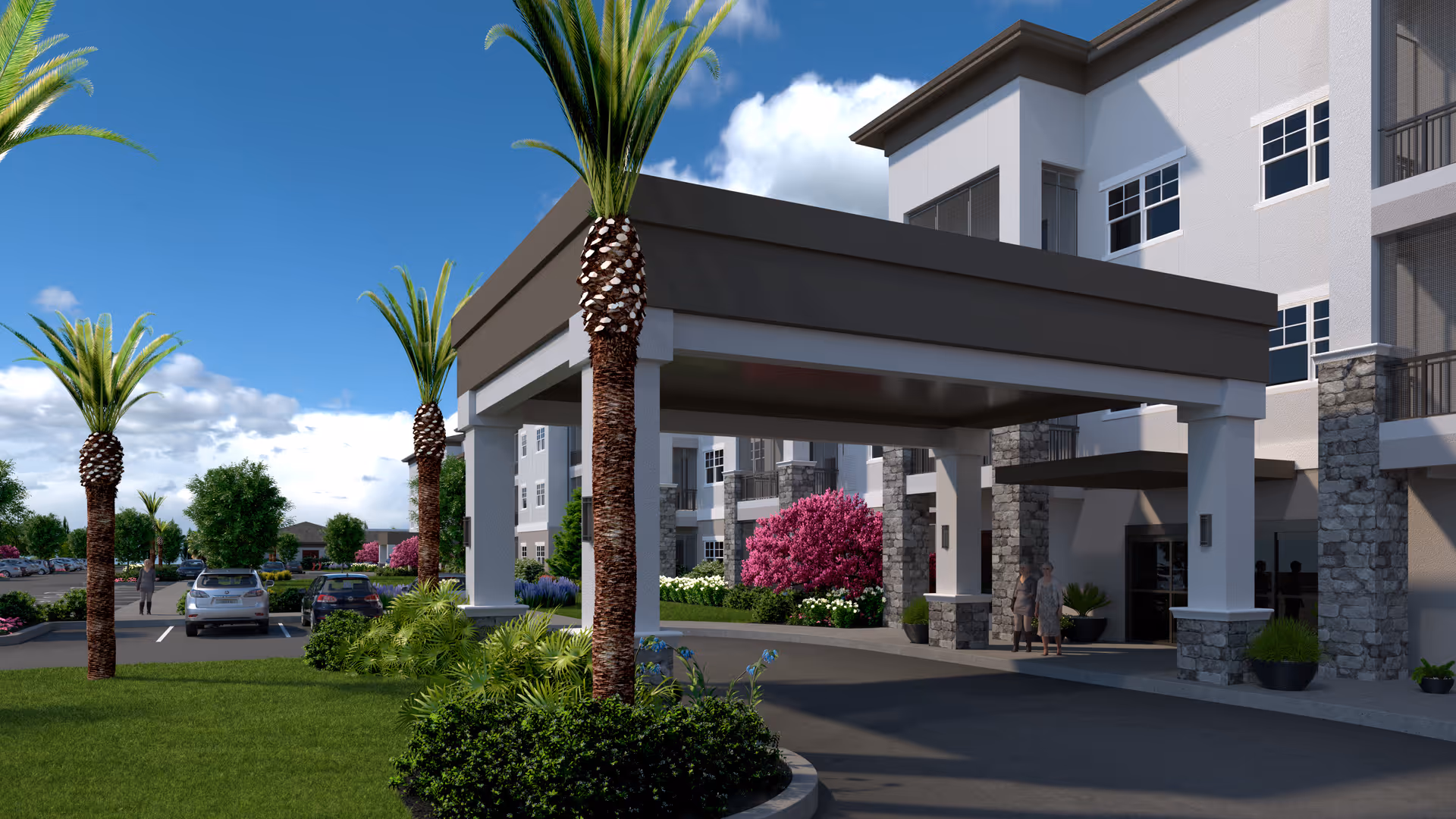 Entrance area of a senior living facility named Highpoint at Stonecrest, featuring a covered drop-off zone with stone pillars, palm trees, landscaped greenery, and parked cars in the background under a blue sky with clouds.