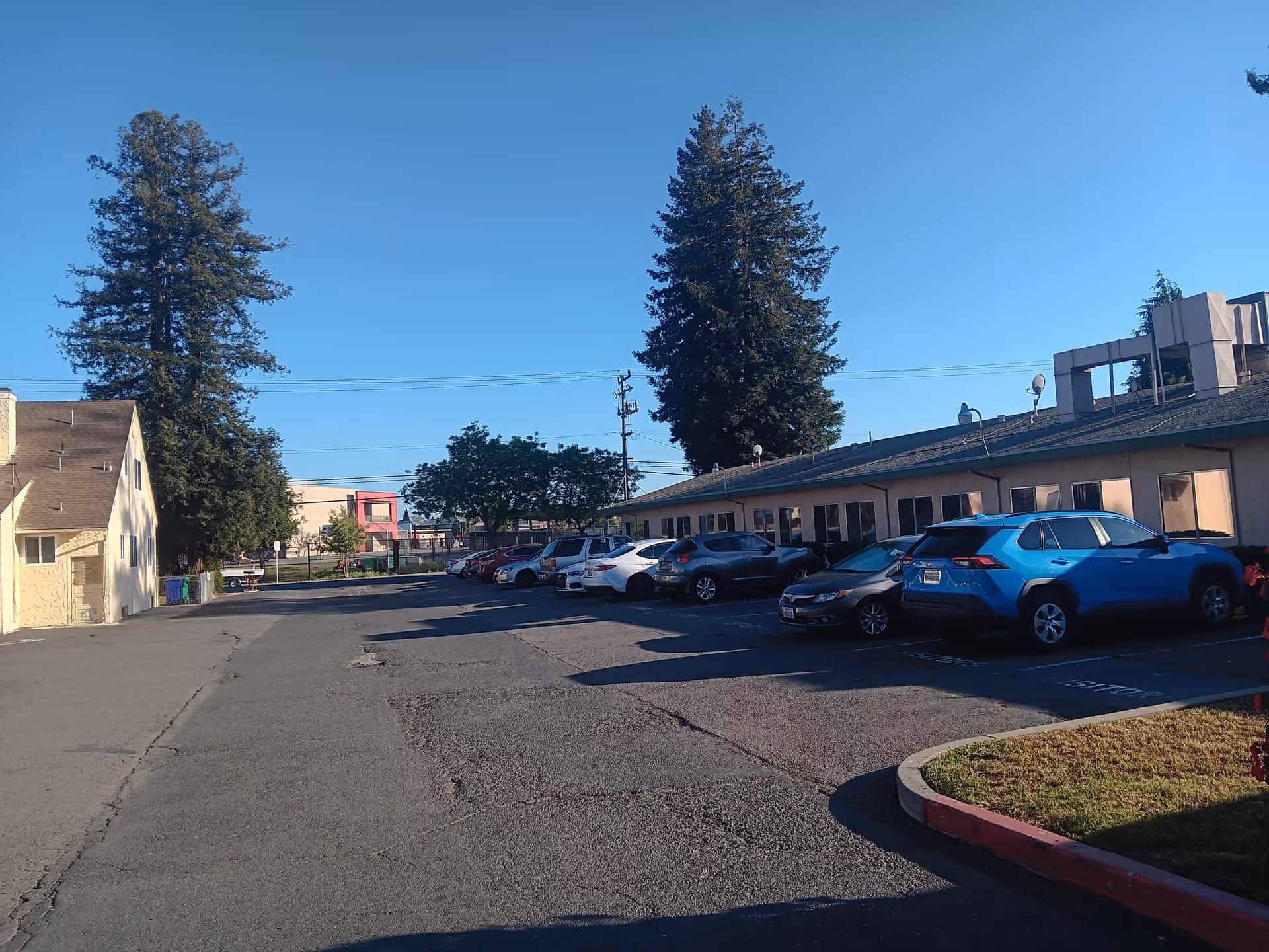 Exterior view of Baypoint Healthcare Center showing a parking lot and tall trees beside the building.