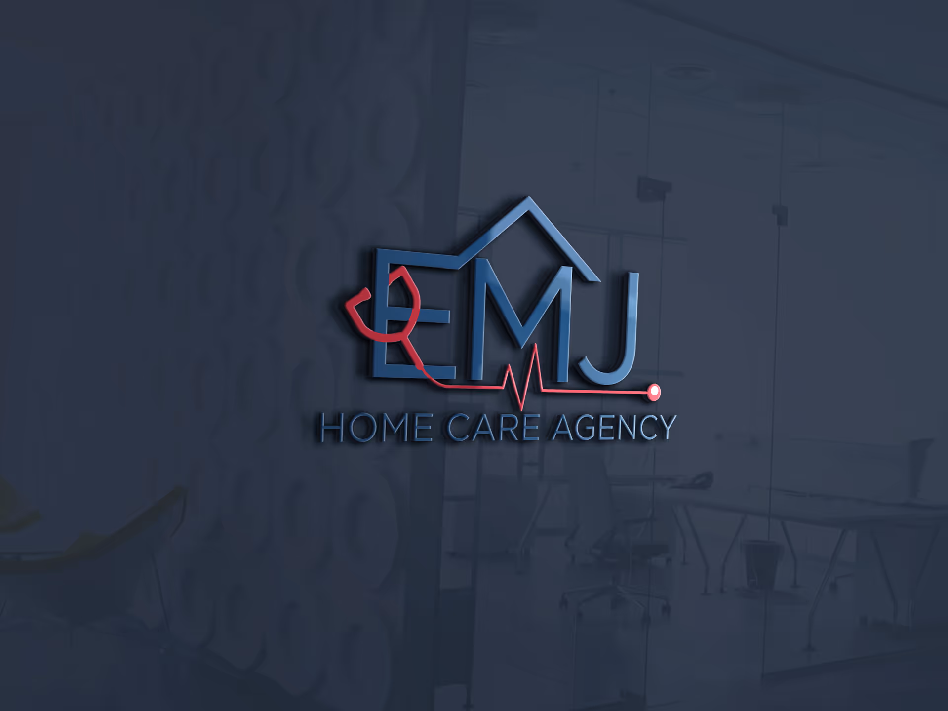EMJ Home Care Agency logo displayed on a glass wall in an office lobby.