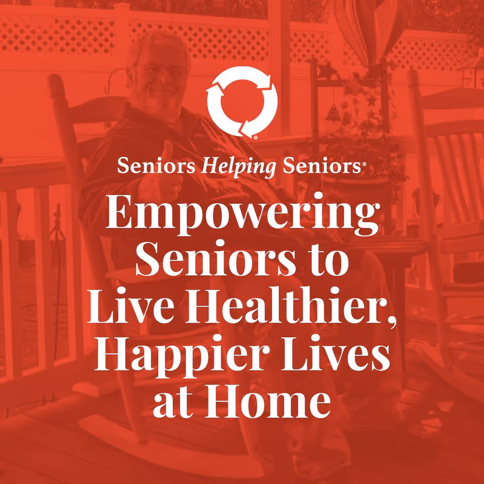 A senior sits in a rocking chair on a porch, with a red overlay and text.