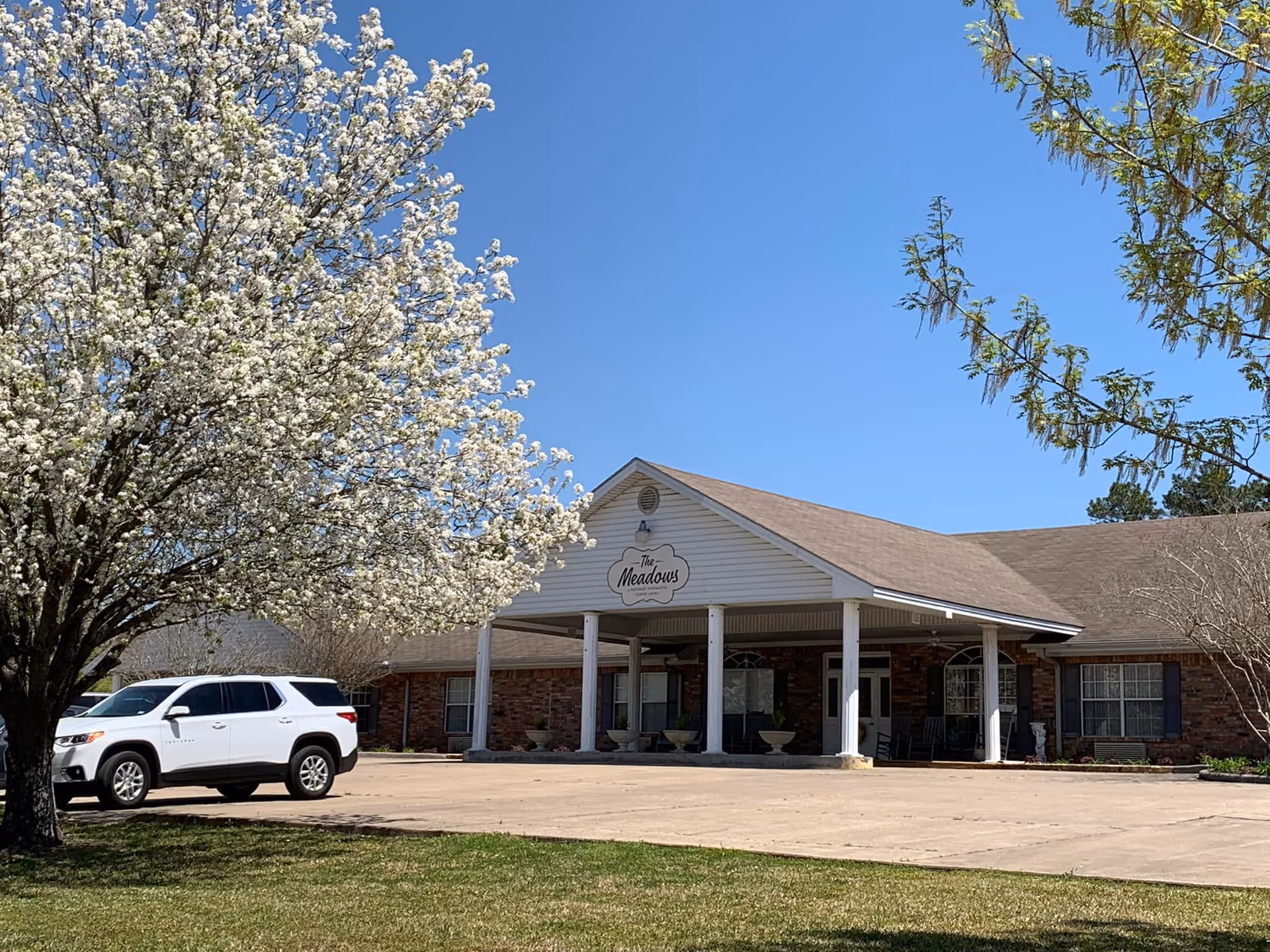 Exterior view of The Meadows senior living facility with a brick facade, white columns, blooming tree.