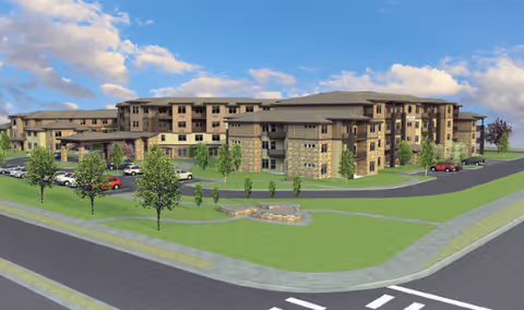 Wide exterior view of Bonaventure of Thornton facility with landscaped grounds and parking