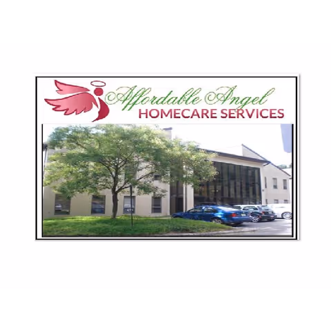 Exterior view of Affordable Angel Homecare Services building with trees and parked cars