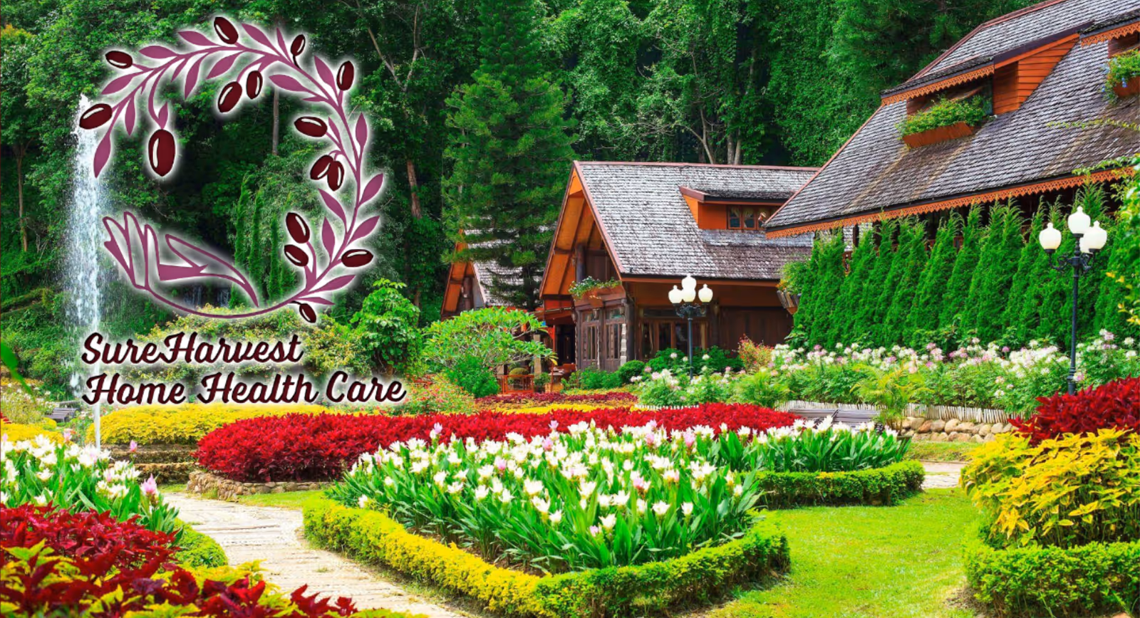 Exterior view of a building with a vibrant garden and SureHarvest Home Health Care sign.