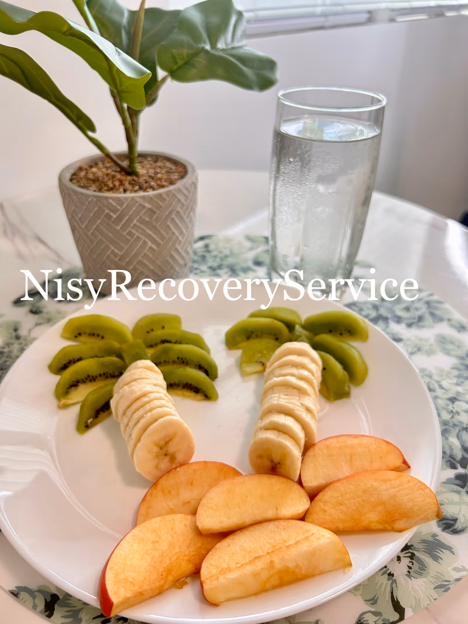 Plate of sliced bananas, kiwis, and apples on a table with a potted plant.