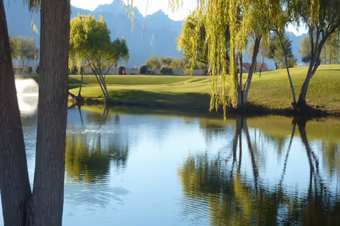 A tranquil lake framed by trees, lawns, and distant mountains.