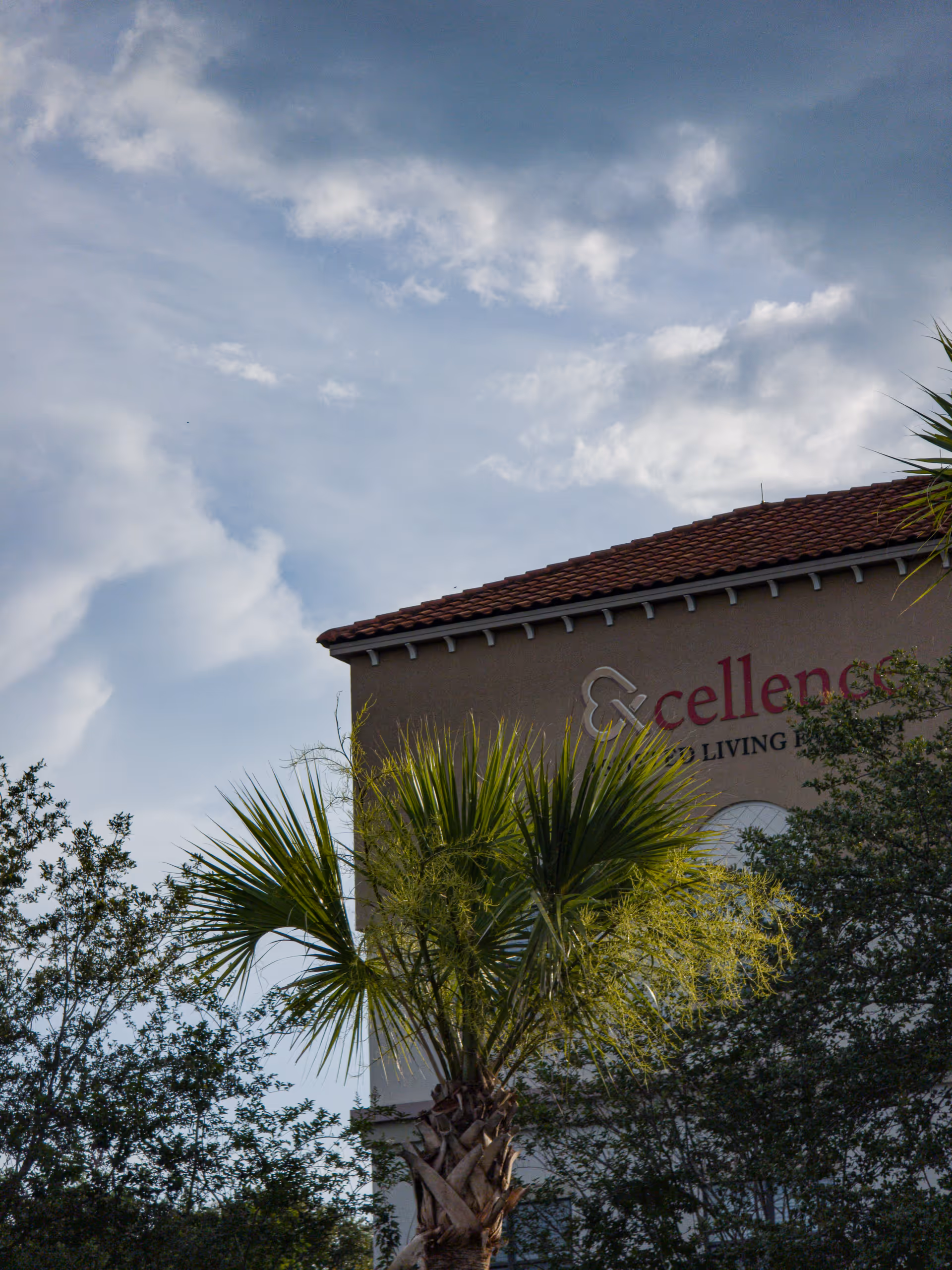Front exterior of Excellence Senior Living with palm trees and blue sky.