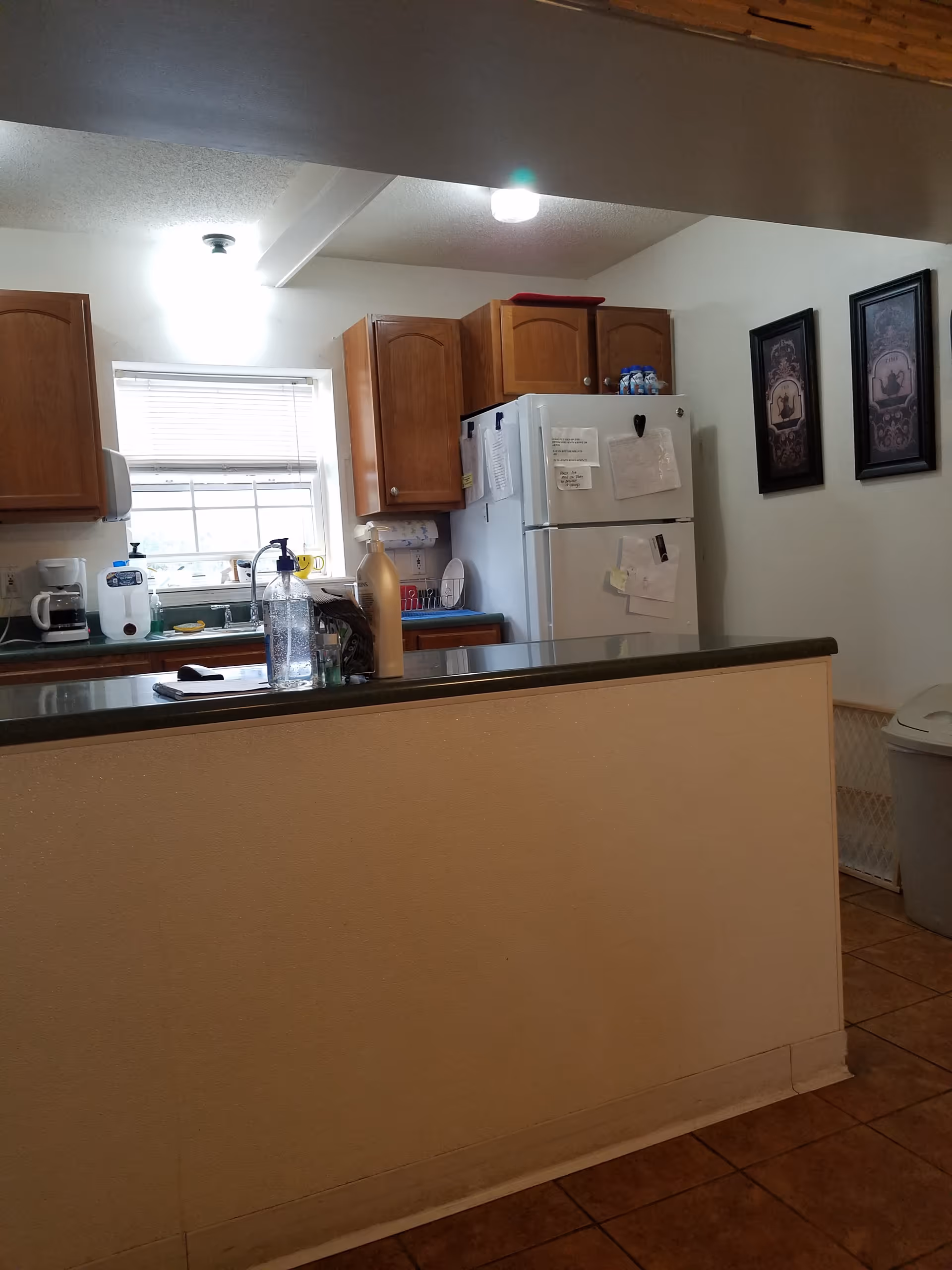 A compact kitchen with wooden cabinets, a white refrigerator, window, and countertop appliances.