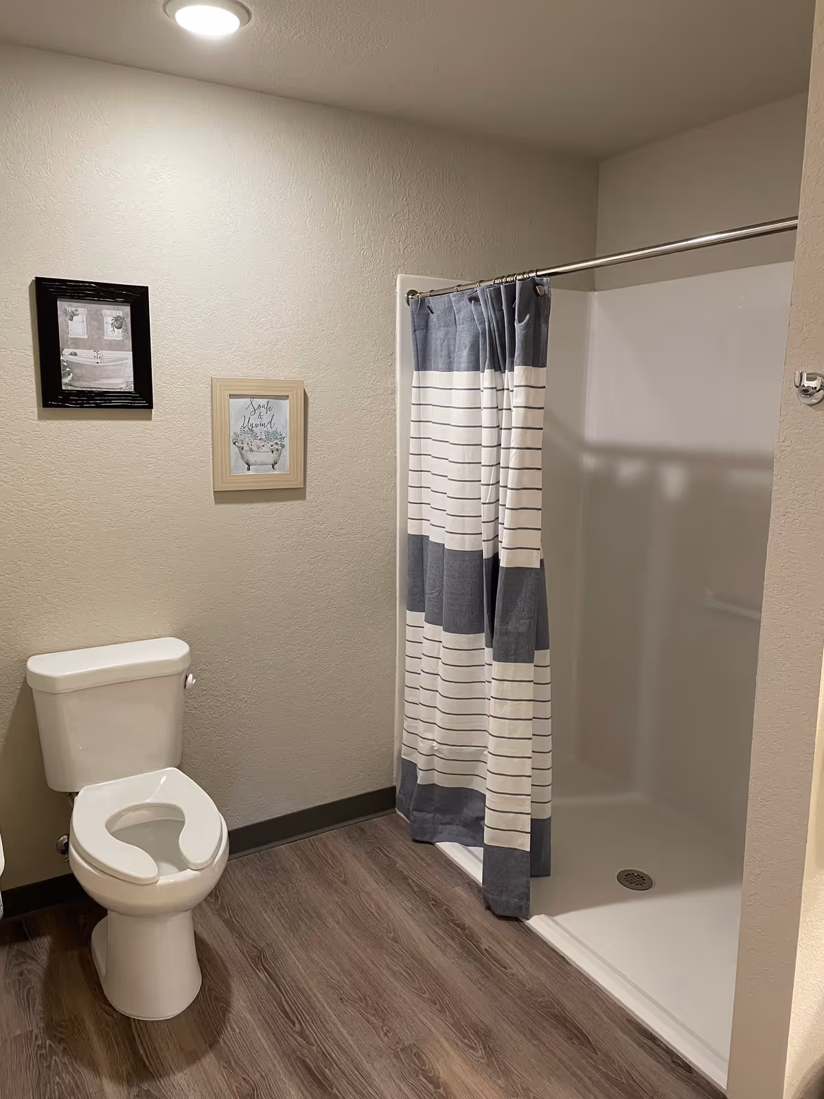 Small bathroom with toilet, striped shower curtain, wood-like flooring, and wall art.