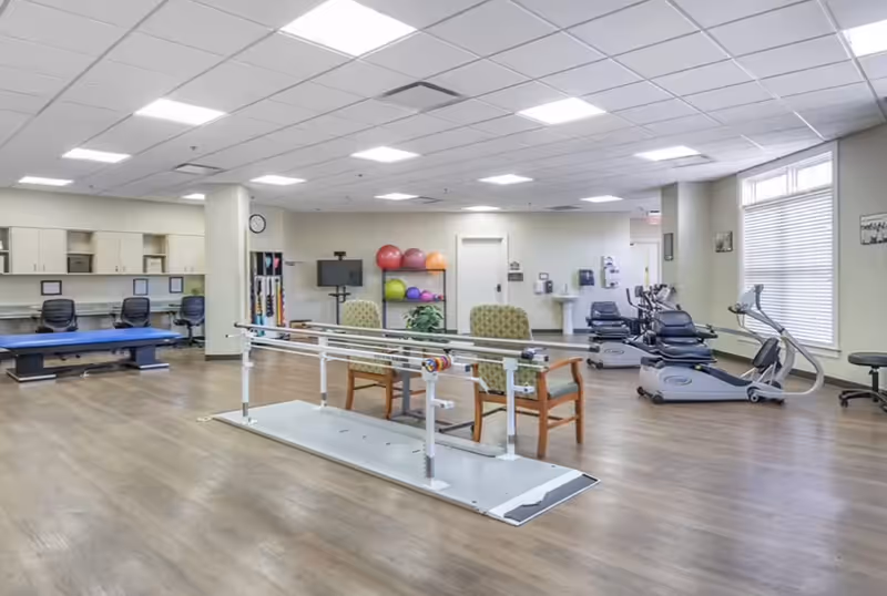 Bright rehabilitation gym interior with parallel bars, exercise machines, chairs, balls, rehab equipment, and wooden flooring.