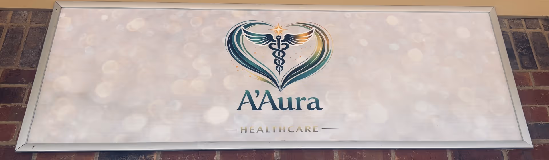A framed sign on a brick wall displaying the A’Aura Healthcare logo.