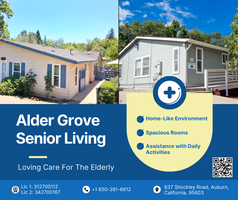 Exterior split-shot of Alder Grove Senior Living buildings with a blue promotional banner.