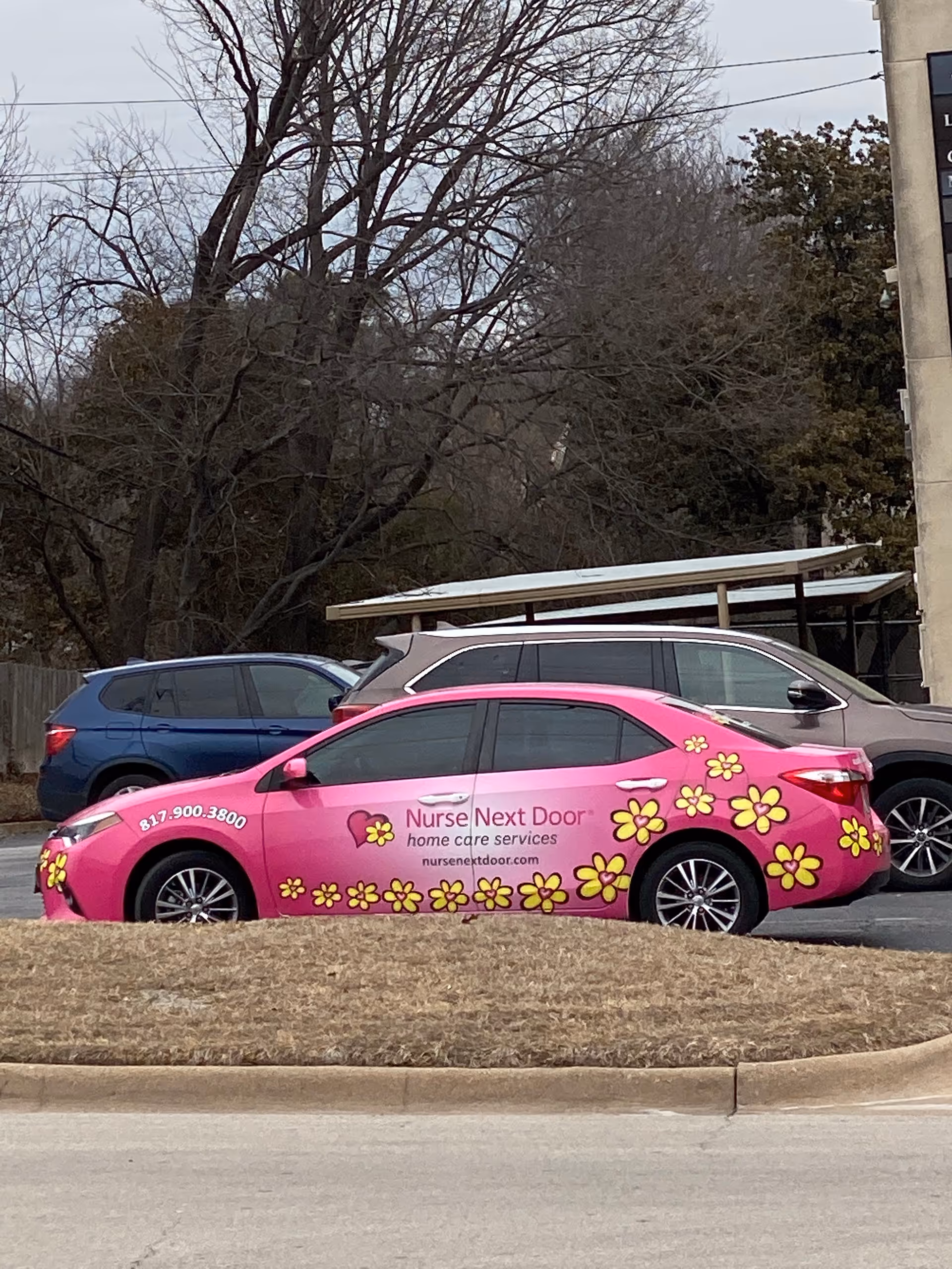 Pink car decorated with yellow flowers for Nurse Next Door parked outside.