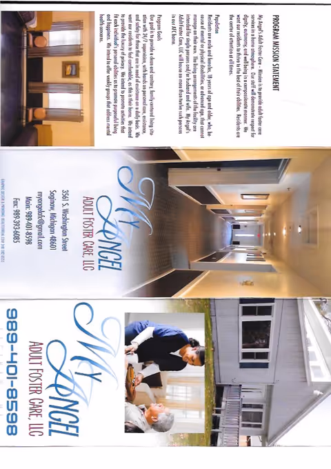 Multi-panel brochure for My Angel Adult Foster Care, featuring an interior hallway and a house exterior.