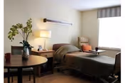 A single patient room with a bed, chair, table, and potted plant.