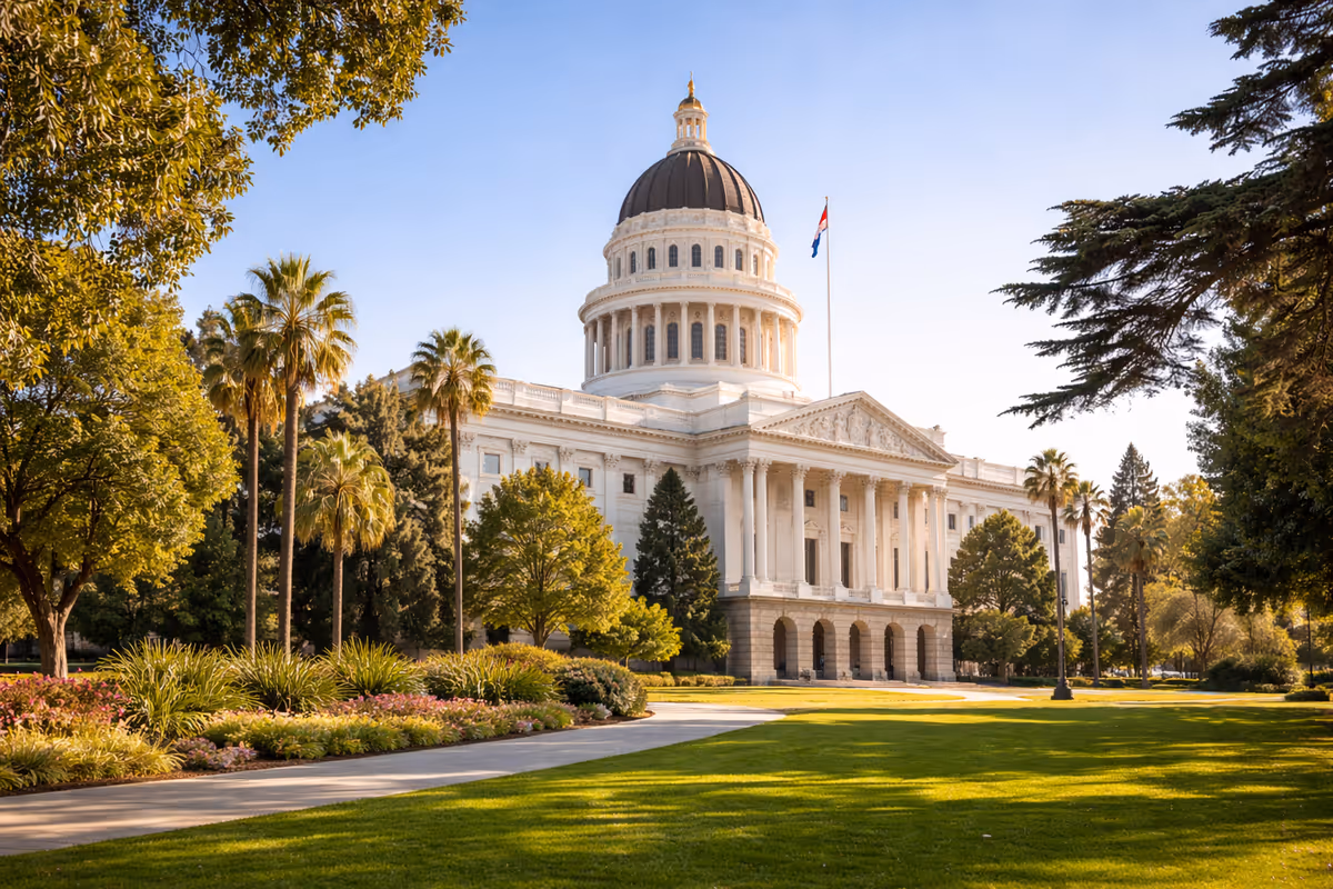 Grand neoclassical building with dome, columns, and palm trees on manicured lawn.