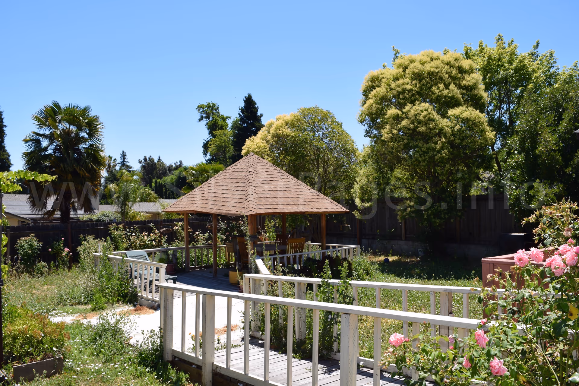 Sunlit outdoor garden with gazebo, wooden deck, benches, and flowering plants.