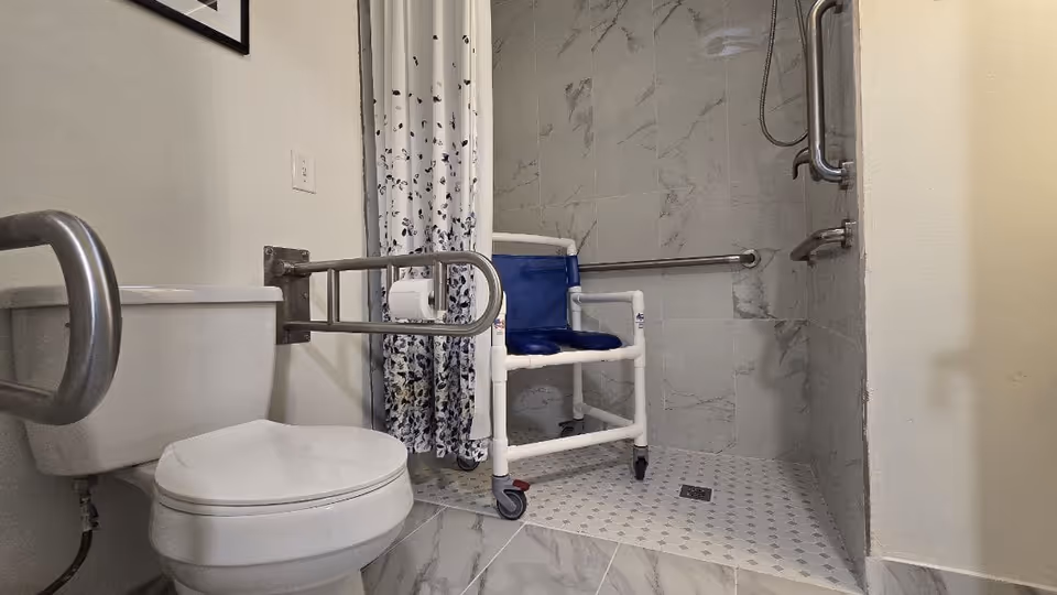 Accessible bathroom featuring a shower chair, grab bars, curtain, and a toilet.