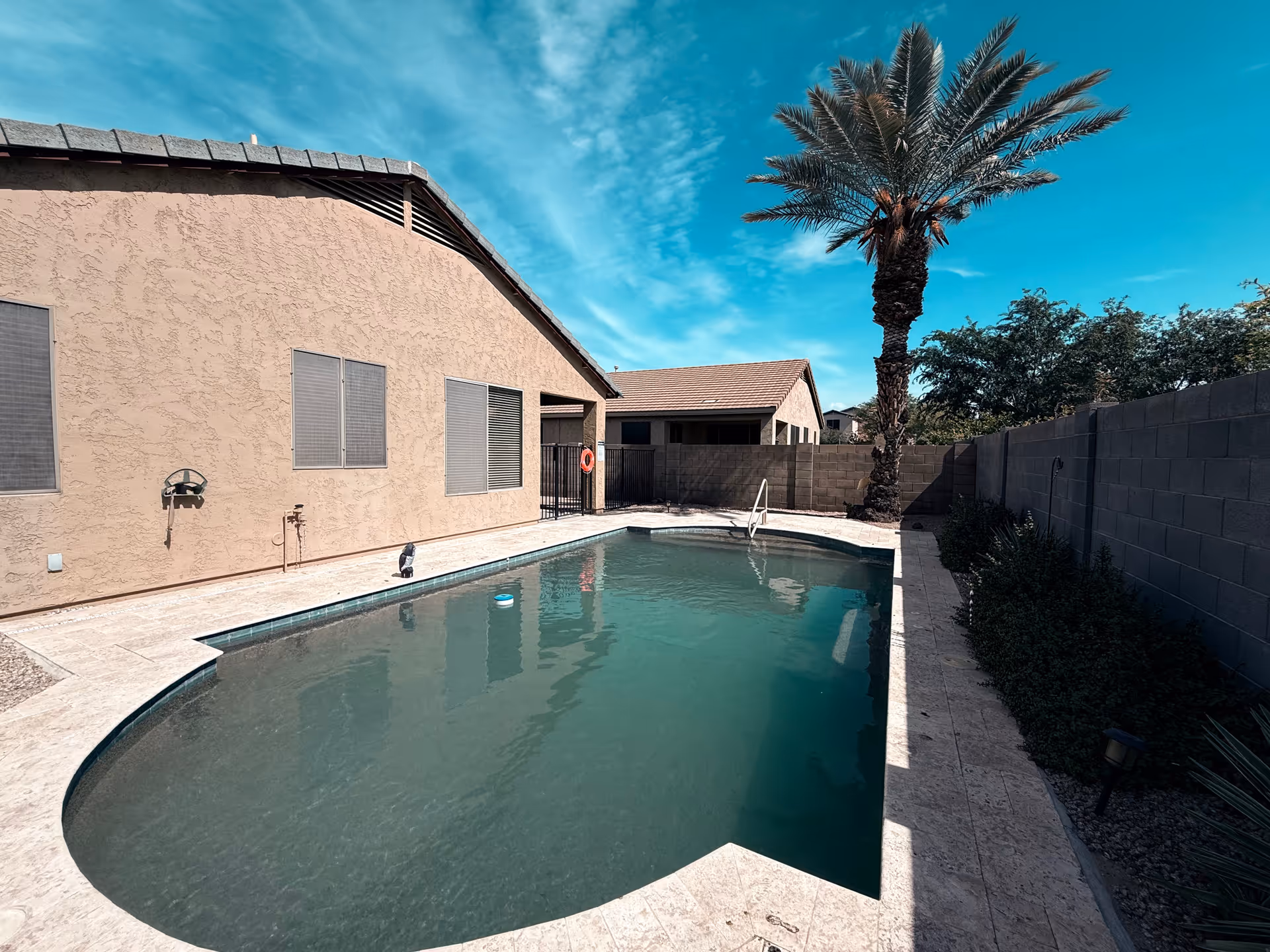 Outdoor swimming pool beside a beige building with a palm tree and concrete surround.