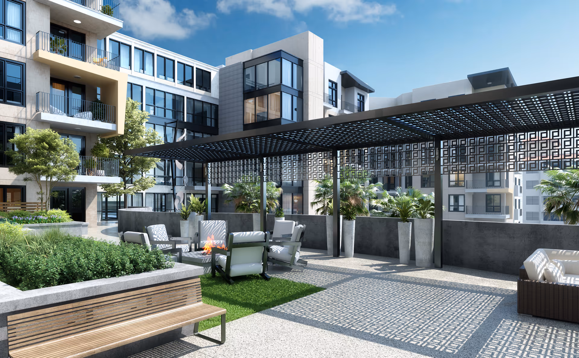 Sunny outdoor courtyard terrace with seating around a fire pit, planters, a pergola, and surrounding multi-story residential building.