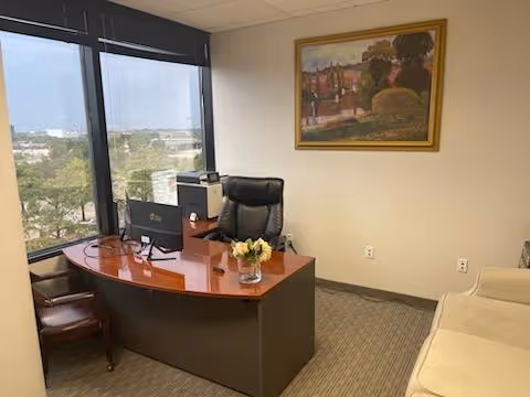 Office with curved desk, computer, black chair, painting, and large window overlooking the city.