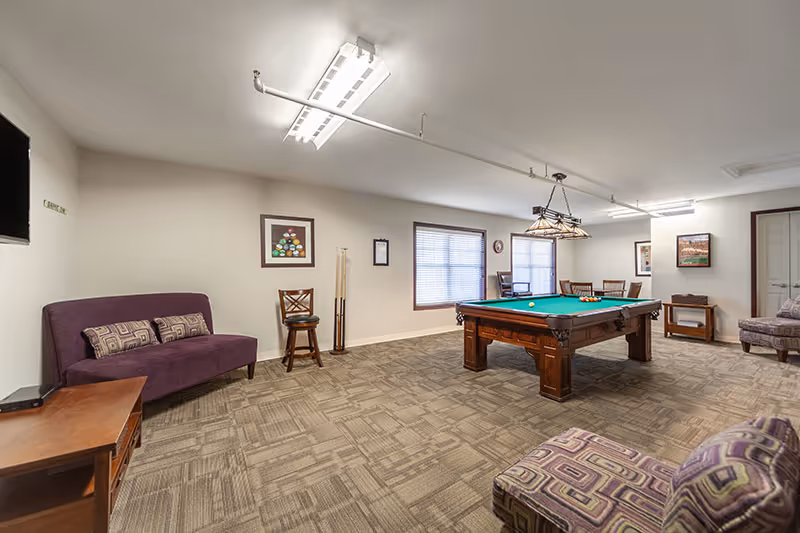 Birds of Paradise Home indoor recreation room with pool table, cues, and seating.