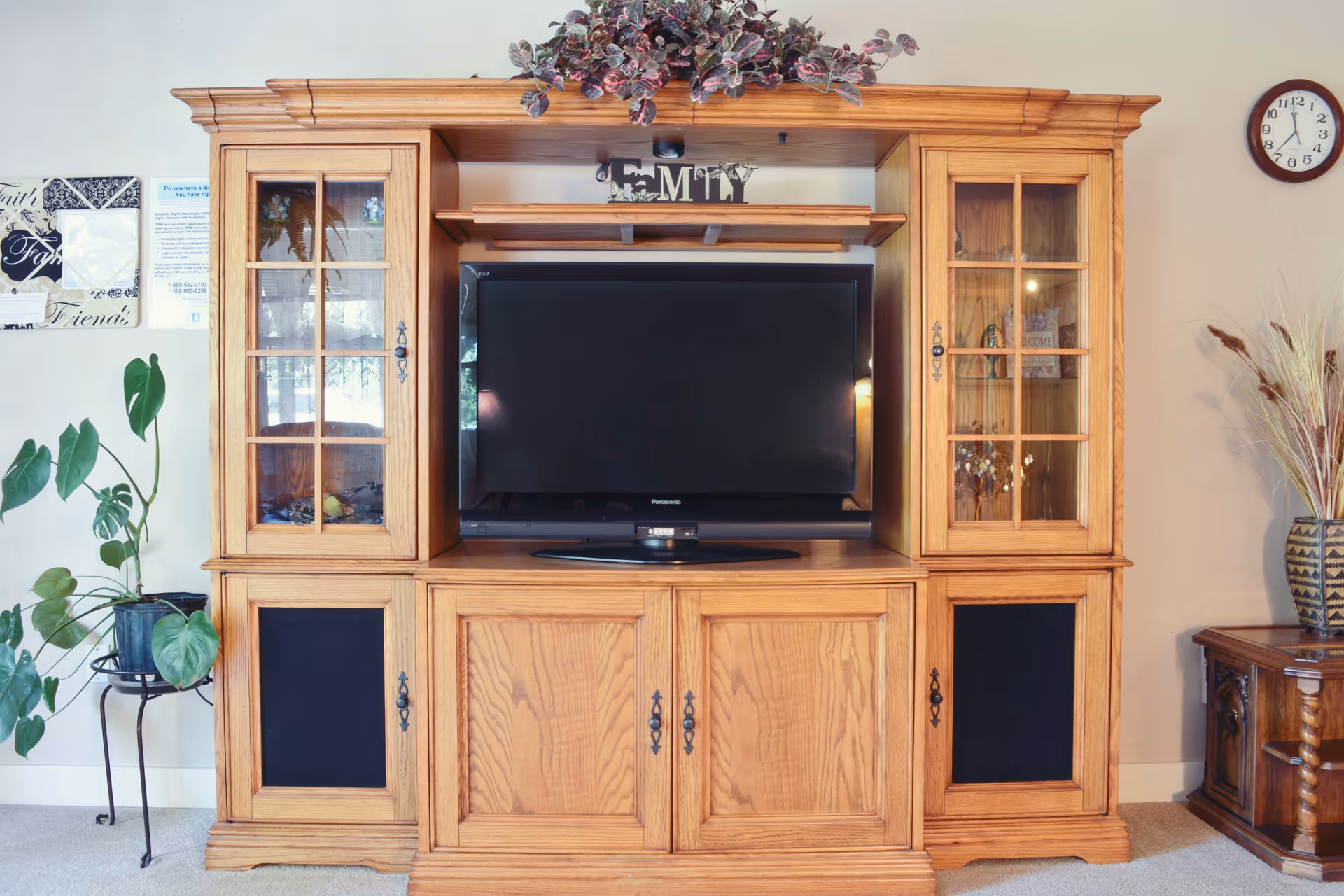 A wooden entertainment center with a flat-screen Panasonic TV in the middle. The unit has glass-paneled cabinets on each side with decorative items inside. A plant on a stand is to the left, and a clock is mounted on the wall to the right. There is a vase with dried plants on a small wooden table on the right side.
