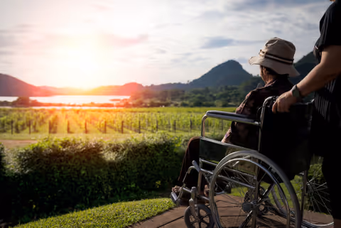 Elderly person in wheelchair outdoors with caregiver overlooking a vineyard at sunset.