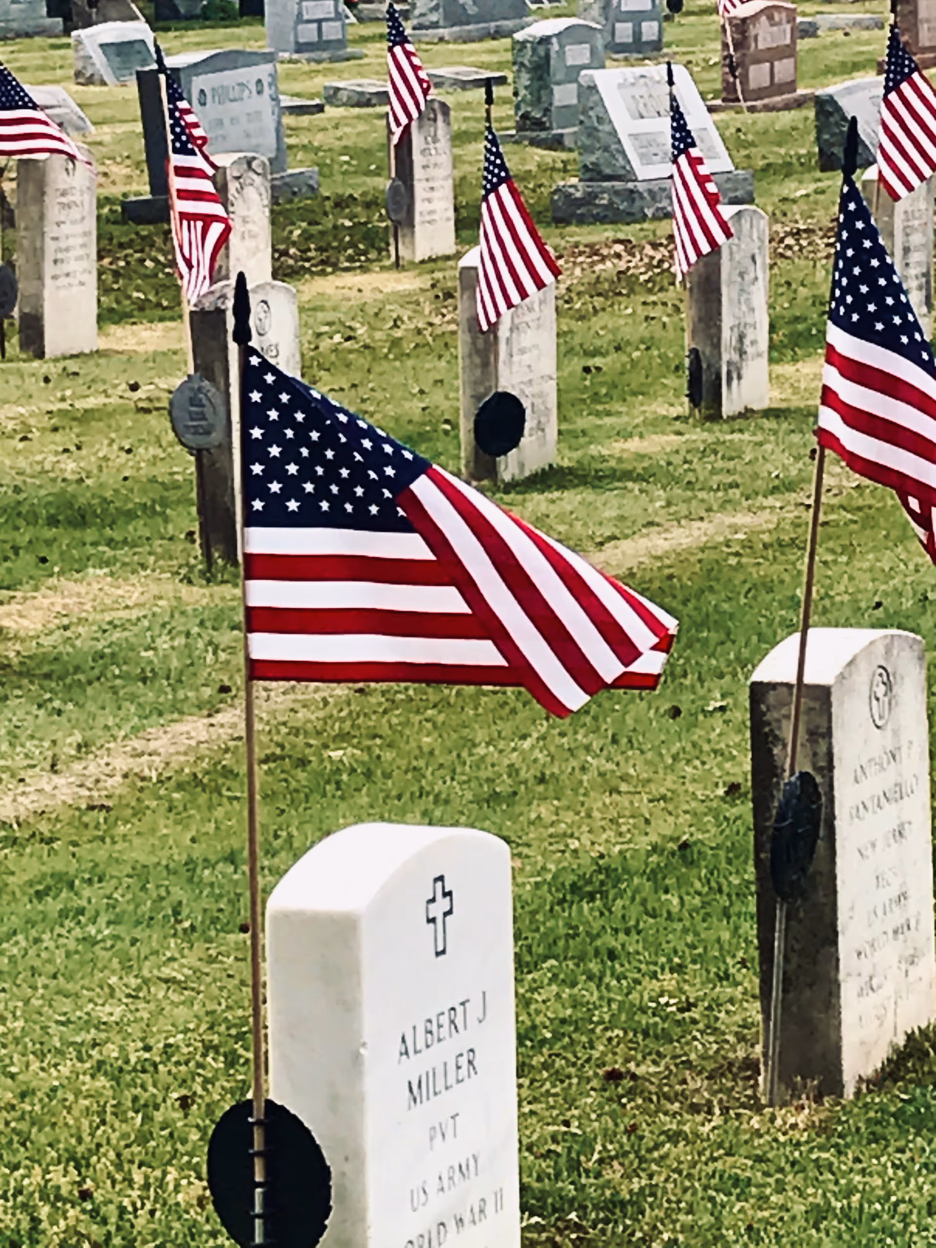 Several gravestones in a cemetery with American flags and green grass.