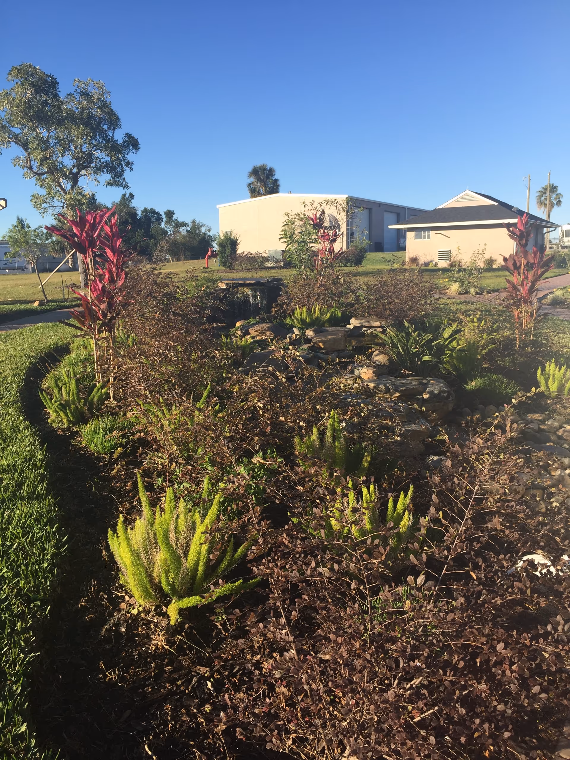 Well-maintained garden with shrubs and a rock feature in front of a beige building.